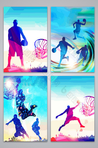 蓝色手绘篮球运动背景图图片