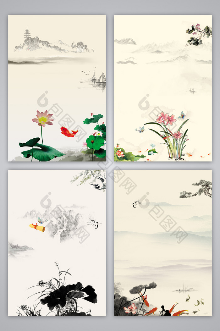 中国风复古水墨画文化展板设计背景图