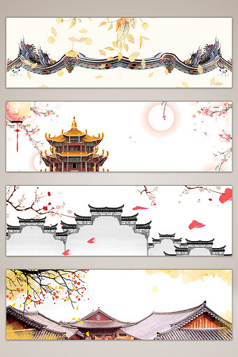 中国风建筑手绘花卉海报banner背景图图片
