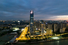 广州城市夕阳晚霞夜幕降临夜景航拍摄影图