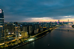 广州城市夕阳晚霞夜幕降临夜景航拍摄影图