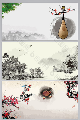 古韵风情山水花卉植物元素设计背景图图片