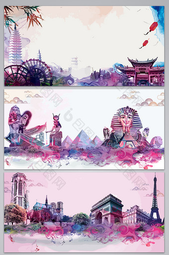 水彩手绘城市景点背景图图片