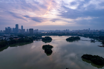 广东惠州西湖清晨日出彩霞航拍摄影图
