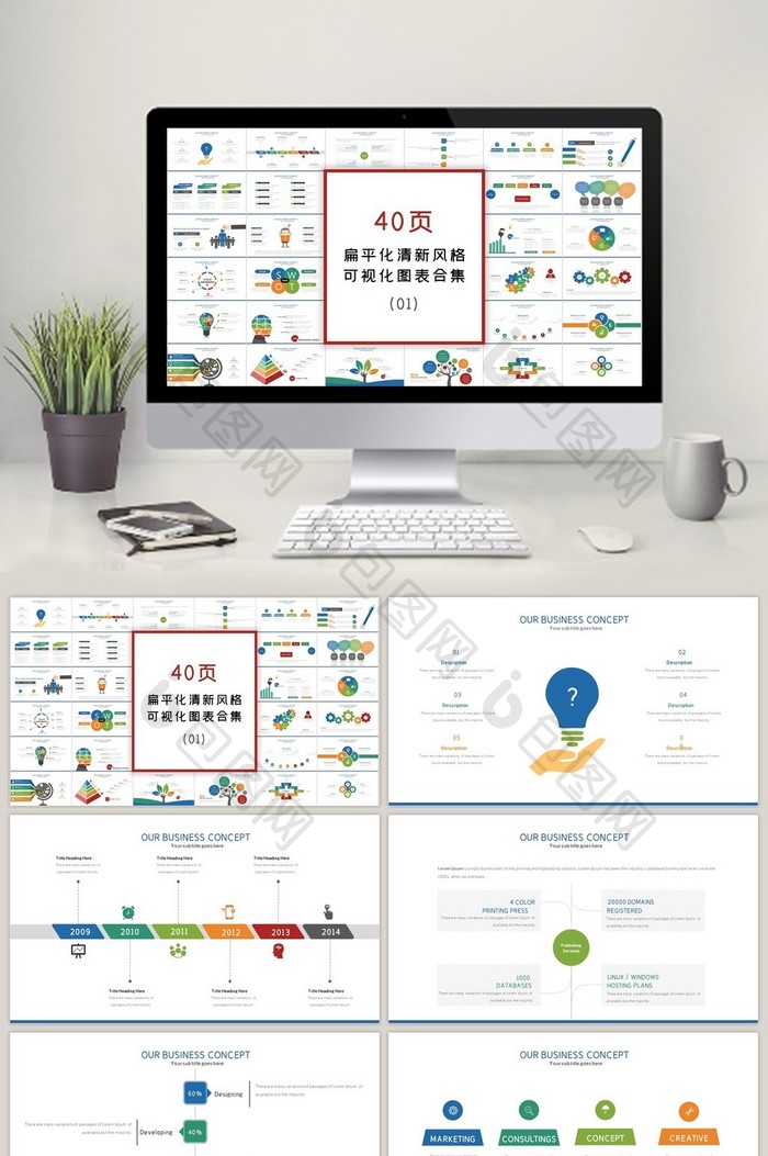 40页扁平化清爽年终总结可视化PPT图表
