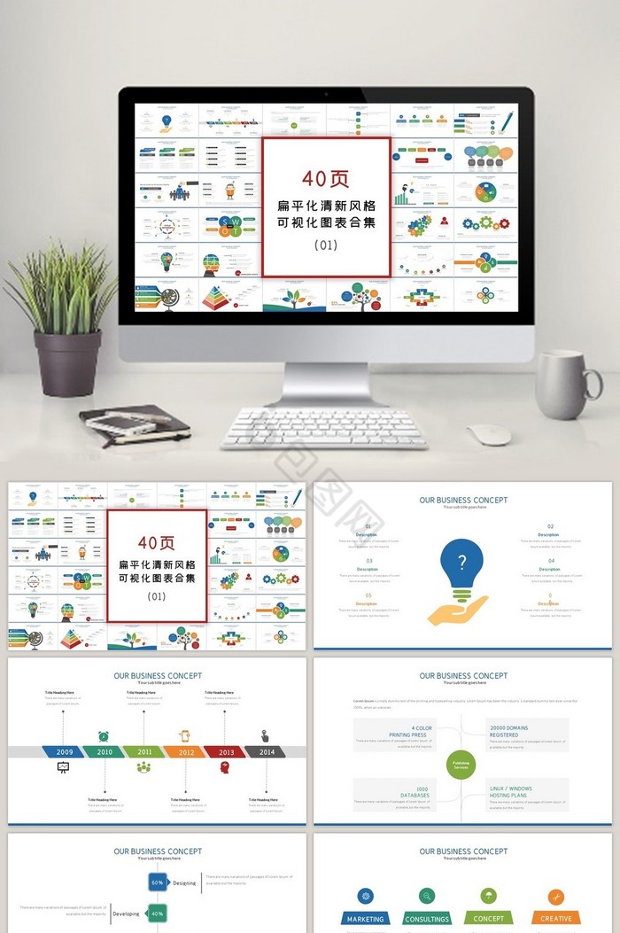 40页扁平化清爽年终总结可视化PPT图表图片