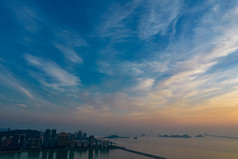 广东珠海港珠澳大桥日出彩霞航拍摄影图