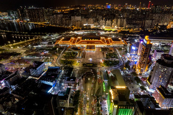 广东珠海拱北港口及周边建筑夜景灯光航拍摄影图