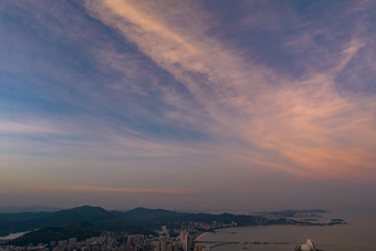 珠海海边大海晚霞城市晚霞航拍摄影图