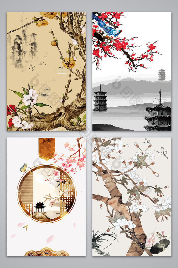 中国风水墨山水花卉植物元素设计背景图