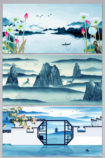 中国风青山绿水景物设计背景图图片