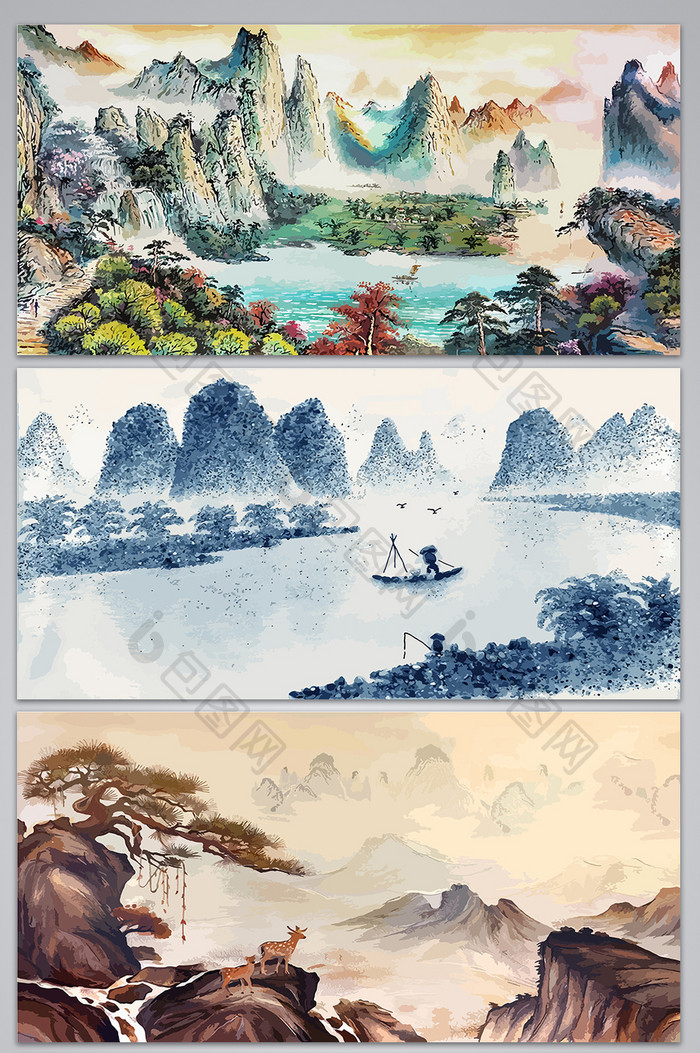 中国风古典山水画海报设计背景图