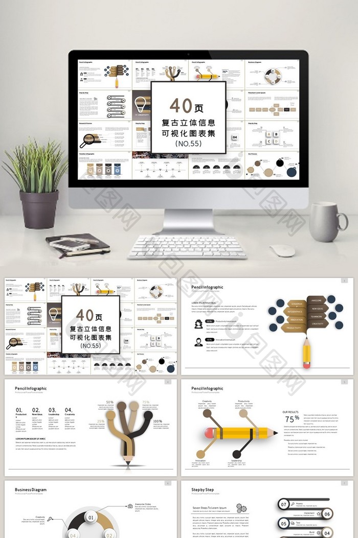 40页复古立体信息可视化PPT图表图片图片