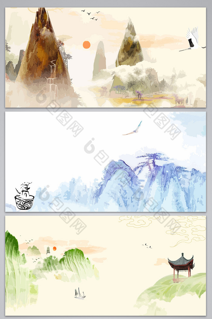 彩色水墨中国风山水风景海报设计背景图