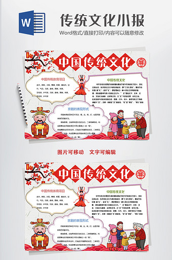 卡通风中国传统文化小报手抄报word模板图片