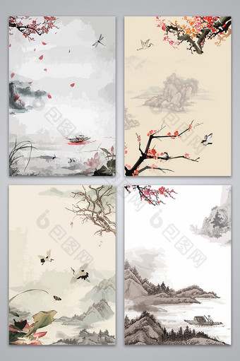 中国风手绘山水海报背景图图片