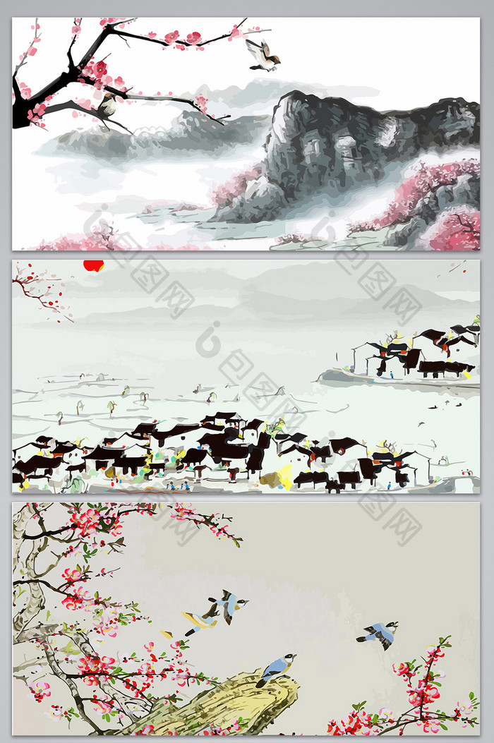 中国风手绘水墨山水文艺背景图