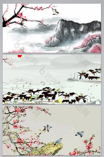 中国风手绘水墨山水文艺背景图图片