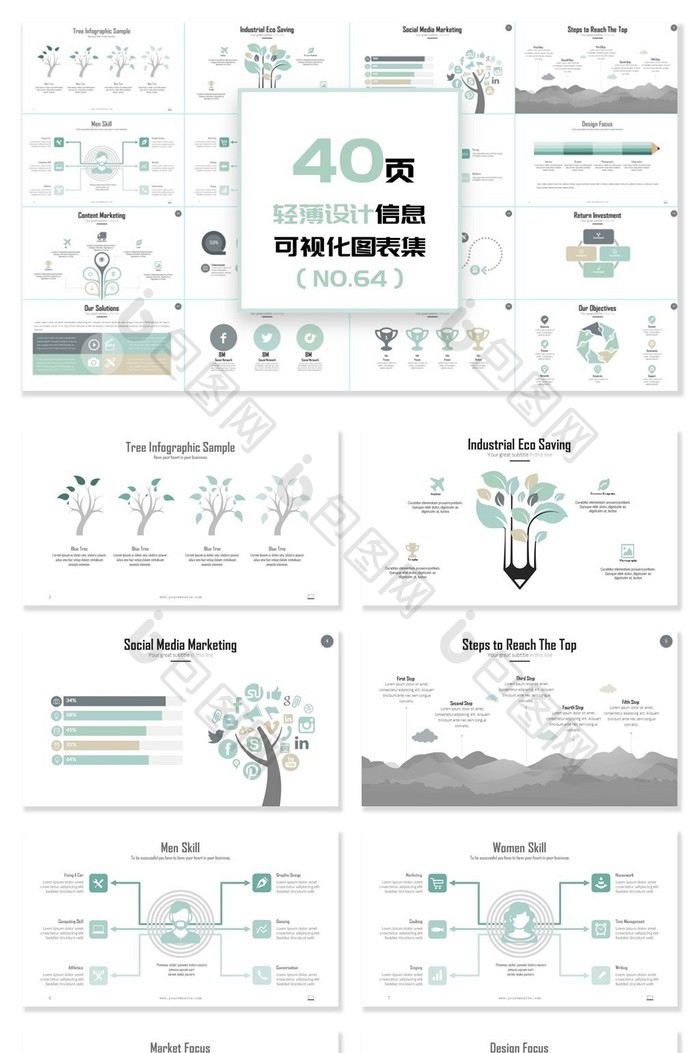 40页轻薄配色设计信息可视化PPT图表
