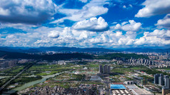 城市蓝天白云天际线高楼建筑航拍温州
