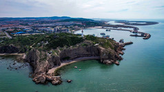 大海海洋沙滩焦石灯塔海岛海浪航拍