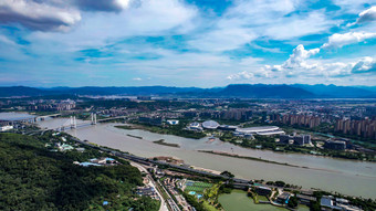 福建福州城市全景大景闽江风光航拍