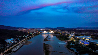 福建福州闽江大桥鼓山大桥夜景灯光航拍