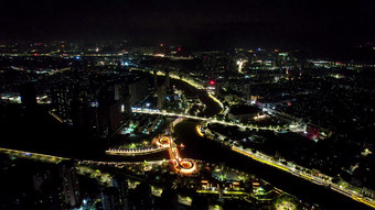 广东江门城市夜景交通航拍