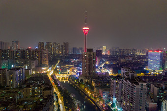 四川成都夜景<strong>天府</strong>熊猫塔航拍摄影图