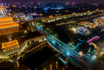 西安城墙永宁门夜景灯光航拍摄影图