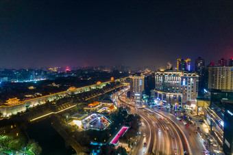 西安城墙永宁门夜景灯光航拍摄影图