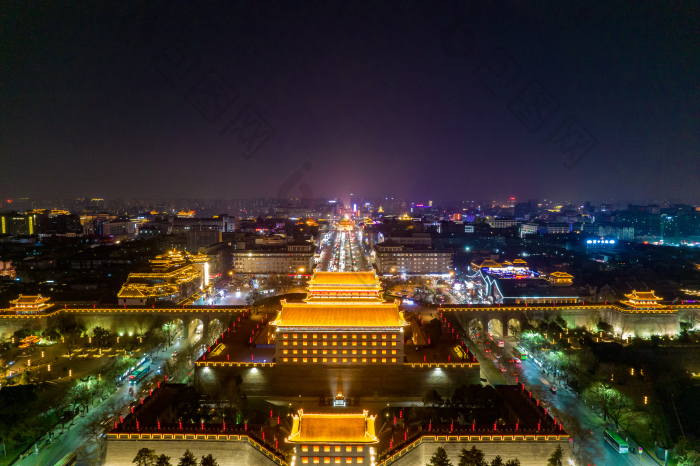 西安城墙永宁门夜景灯光航拍摄影图图片-包图网企业站