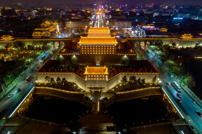 西安城墙永宁门夜景灯光航拍摄影图图片-包图网企业站