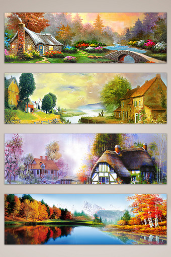 乡村小镇油画风景背景图图片