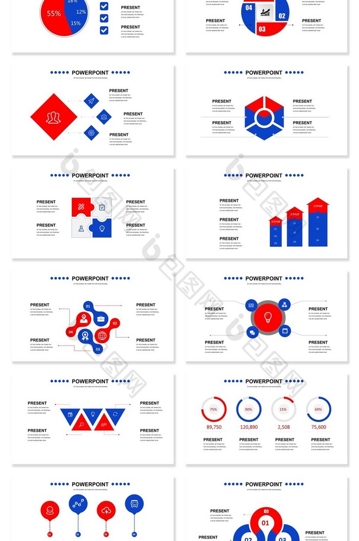 40套双配红蓝信息可视化图表集PPT模板