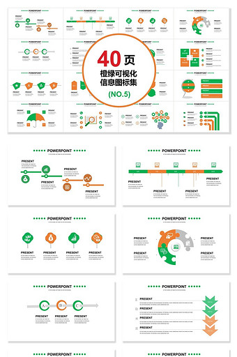 40页橙绿信息可视化图表集PPT模板图片