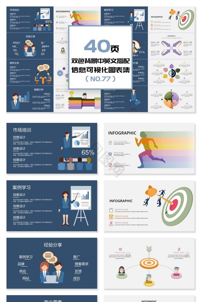 40页中英文双配色信息可视化PPT图表图片