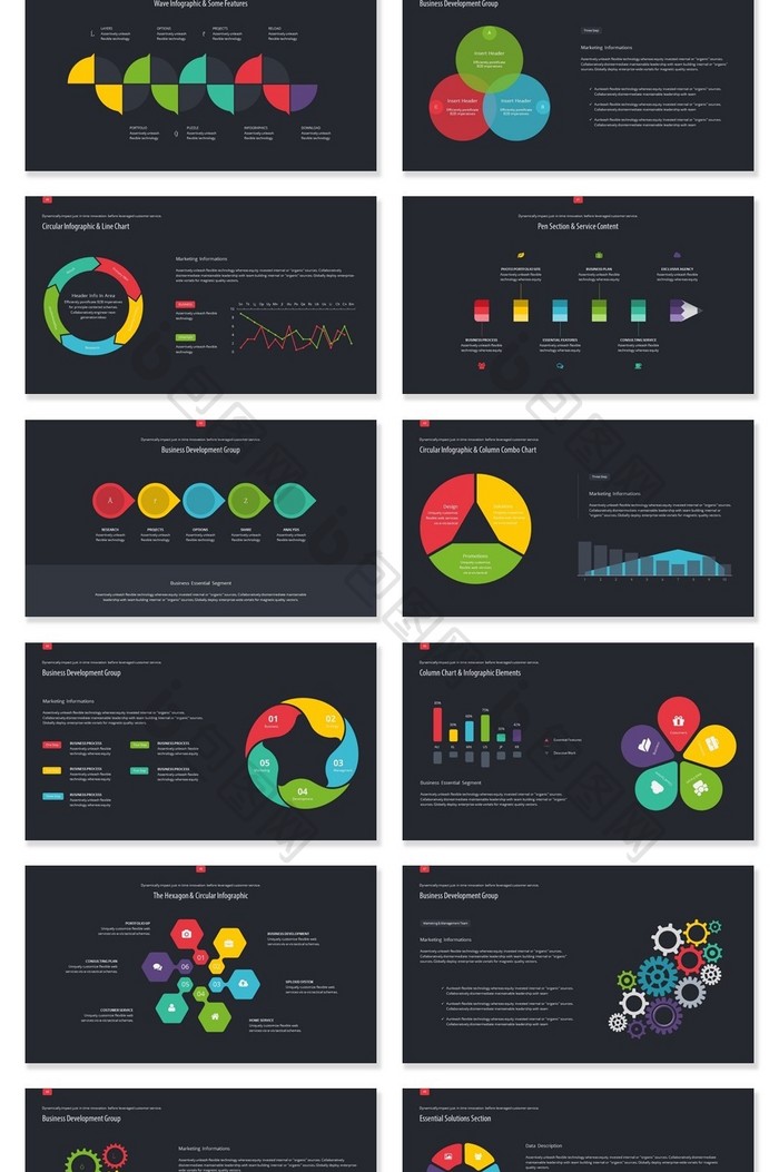 40页暗色系多彩信息可视化PPT图表