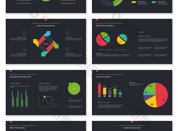 40页暗色系多彩信息可视化PPT图表