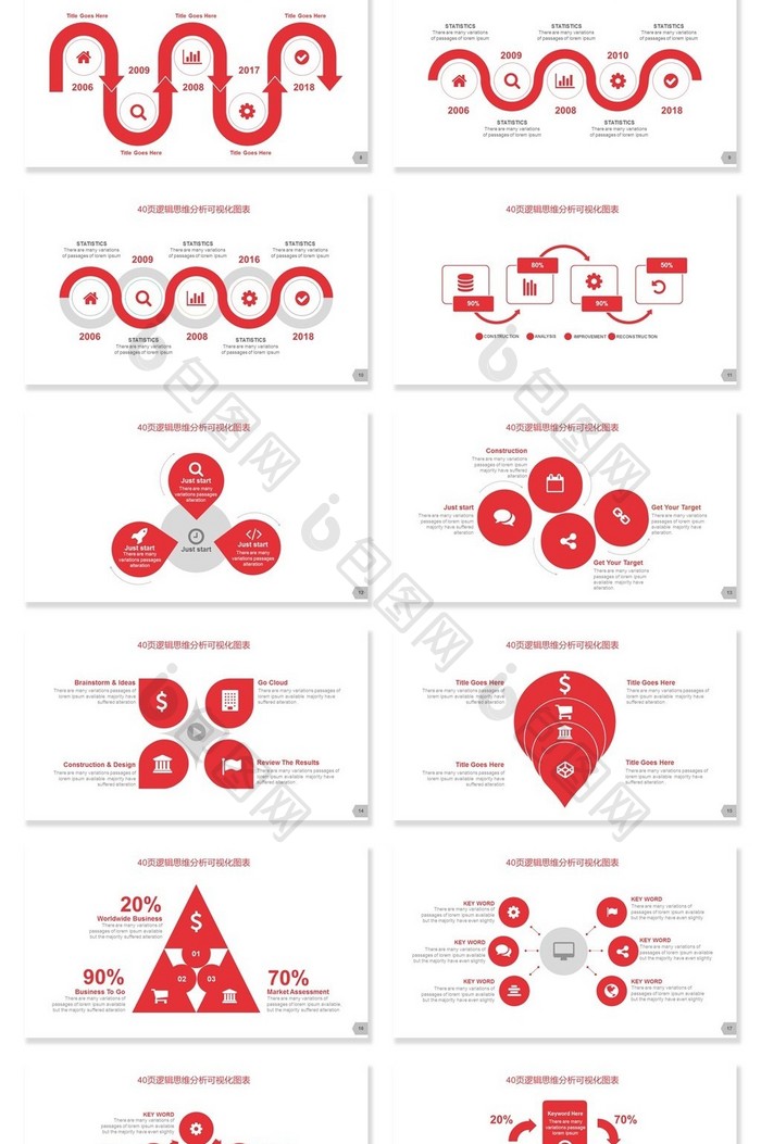 40套红色思维逻辑分析可视化PPT图表