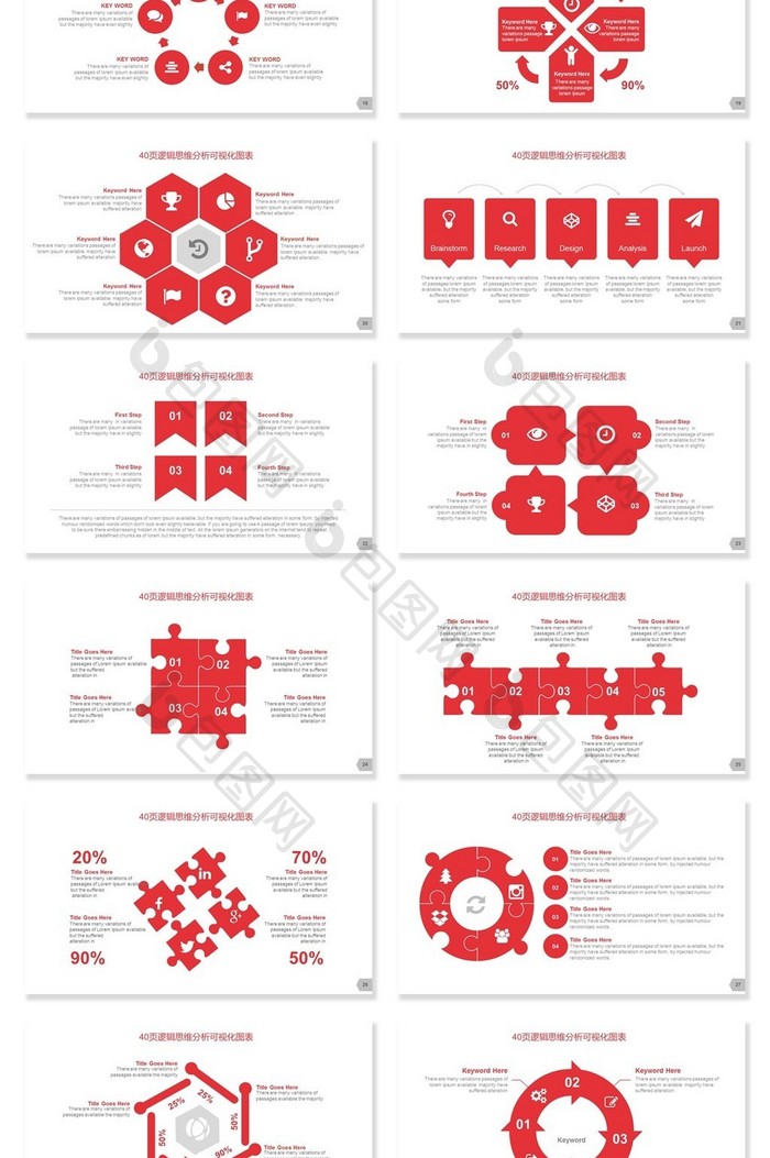 40套红色思维逻辑分析可视化PPT图表