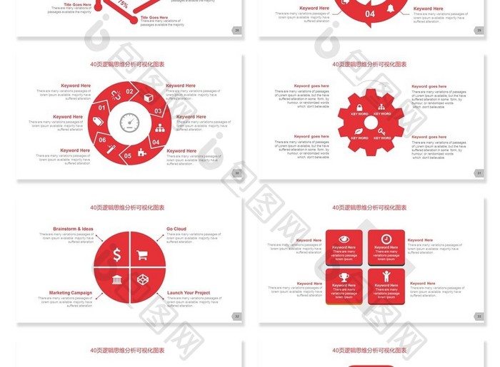 40套红色思维逻辑分析可视化PPT图表