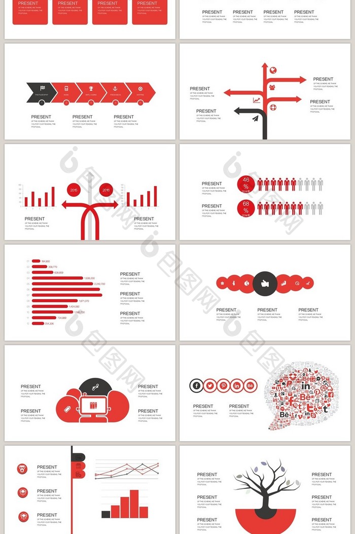 40页红色流程信息可视化图表集PPT模板