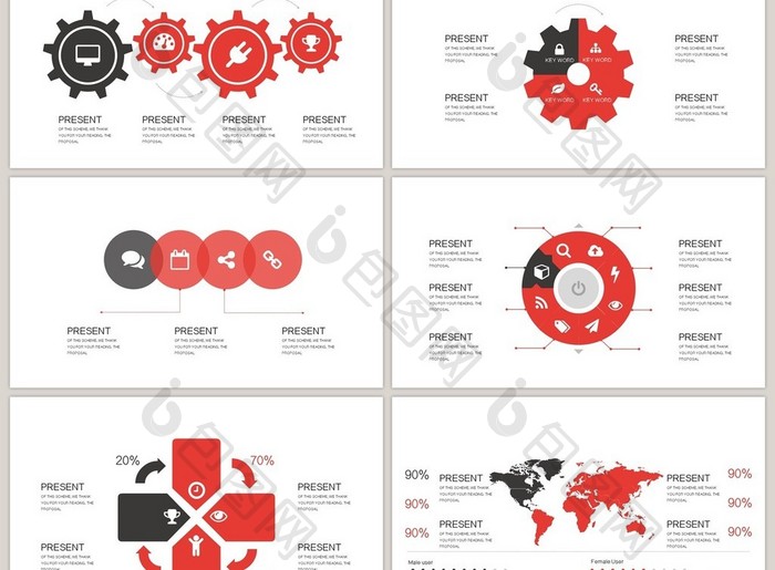 40页红色流程信息可视化图表集PPT模板