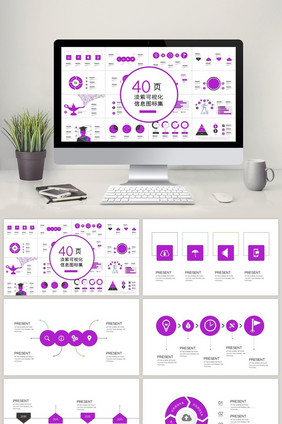 40页淡紫信息可视化图表集PPT模板