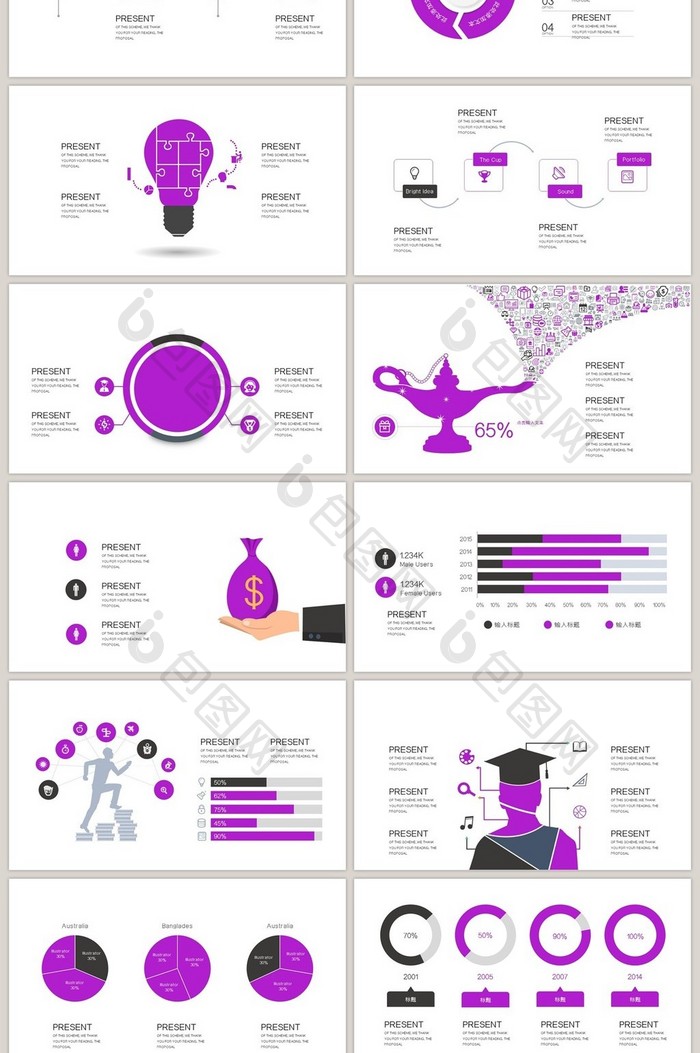 40页淡紫信息可视化图表集PPT模板
