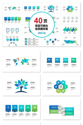 40页青蓝信息可视化图表集PPT模板