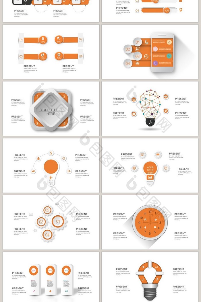 40页橙色微粒体信息可视化图表集PPT模
