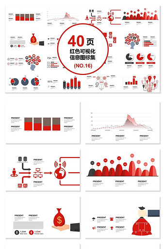 40页红色信息可视化图表集PPT模板图片