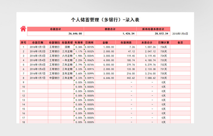 粉色多银行个人理财EXCEL模板